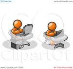 two orange men employees working on computers in an office one