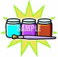 royalty free clipart image a paintbrush near three jars of paint